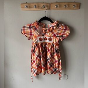 Marie Nicole Plaid Halloween Dress with Pumpkin Accents